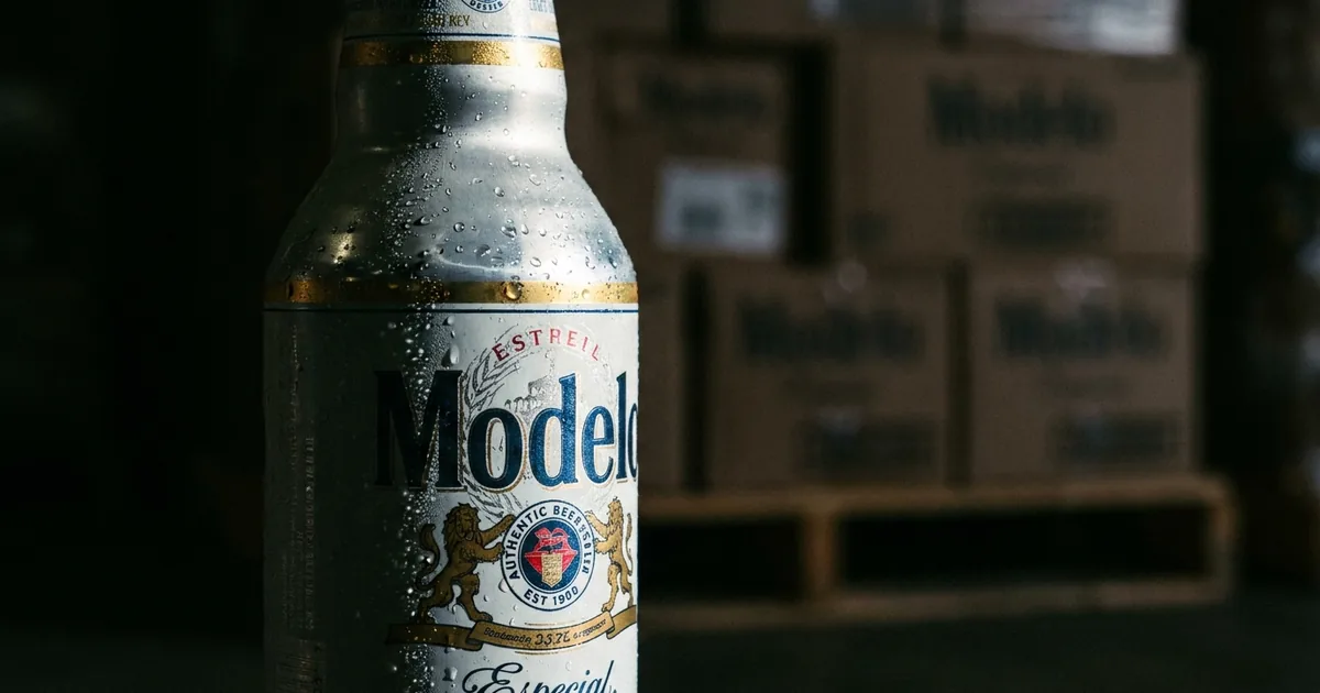 Close-up of a cold Modelo Especial bottle with condensation, stacked beer cases on a warehouse pallet blurred behind it