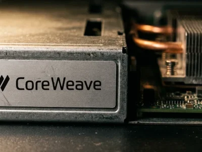 Close-up of a data-center GPU server tray with a CoreWeave nameplate, copper cooling pipes and a heatsink behind it