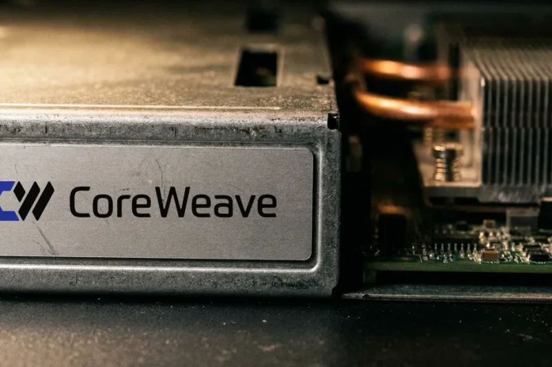 Close-up of a data-center GPU server tray with a CoreWeave nameplate, copper cooling pipes and a heatsink behind it