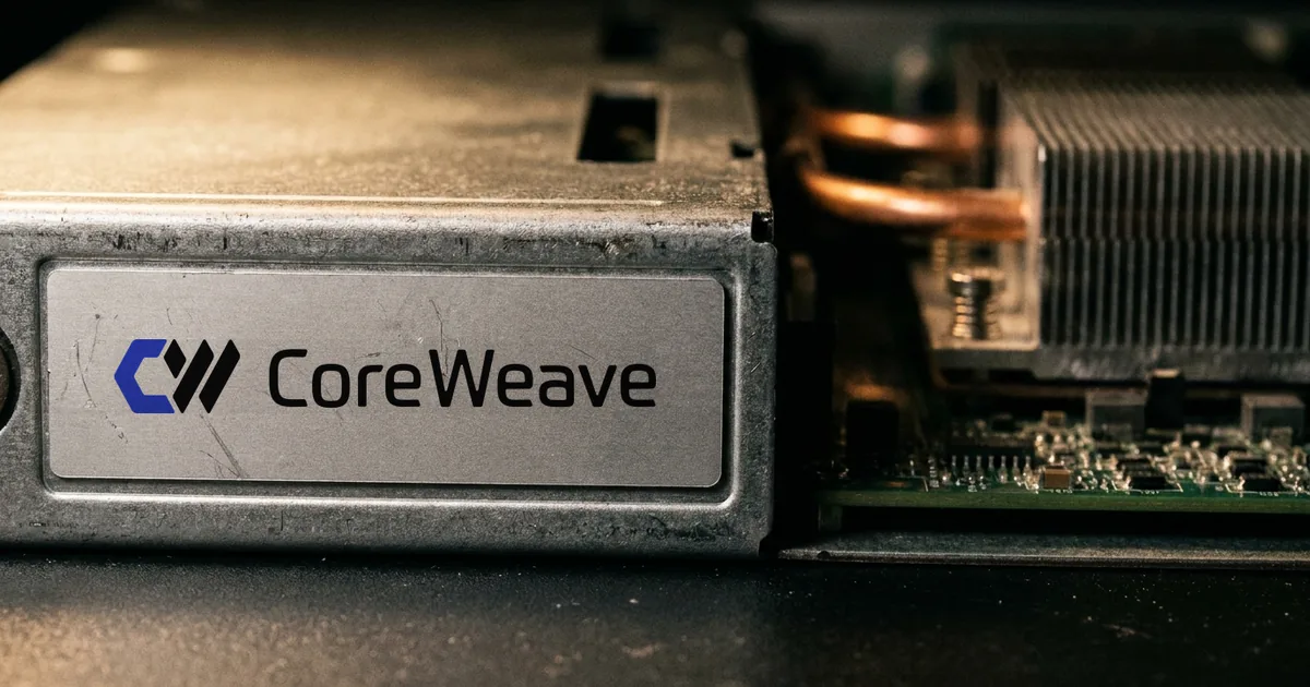 Close-up of a data-center GPU server tray with a CoreWeave nameplate, copper cooling pipes and a heatsink behind it