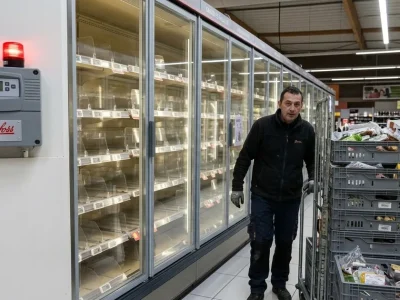 Illustration of emptied glass-door chiller cabinets in a supermarket, a worker pushing crates of discarded food, and a wall-mounted Danfoss refrigeration controller with a red alarm light.