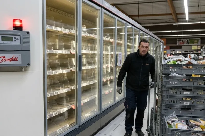 Illustration of emptied glass-door chiller cabinets in a supermarket, a worker pushing crates of discarded food, and a wall-mounted Danfoss refrigeration controller with a red alarm light.