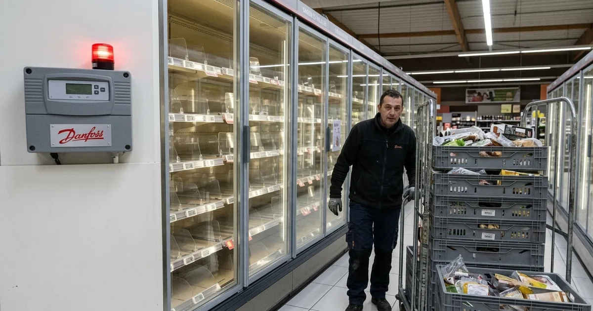 Illustration of emptied glass-door chiller cabinets in a supermarket, a worker pushing crates of discarded food, and a wall-mounted Danfoss refrigeration controller with a red alarm light.