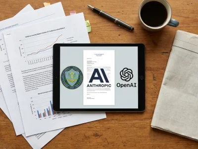 Overhead view of a desk with report pages, a newspaper and a tablet showing the FTC seal beside the Anthropic and OpenAI logos