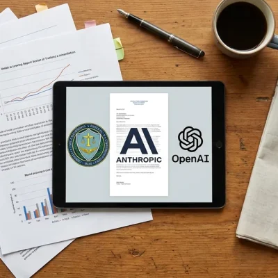Overhead view of a desk with report pages, a newspaper and a tablet showing the FTC seal beside the Anthropic and OpenAI logos