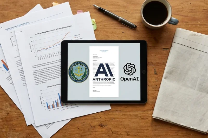 Overhead view of a desk with report pages, a newspaper and a tablet showing the FTC seal beside the Anthropic and OpenAI logos