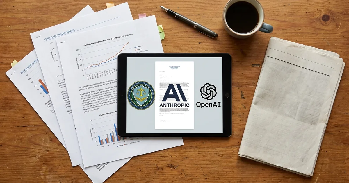 Overhead view of a desk with report pages, a newspaper and a tablet showing the FTC seal beside the Anthropic and OpenAI logos