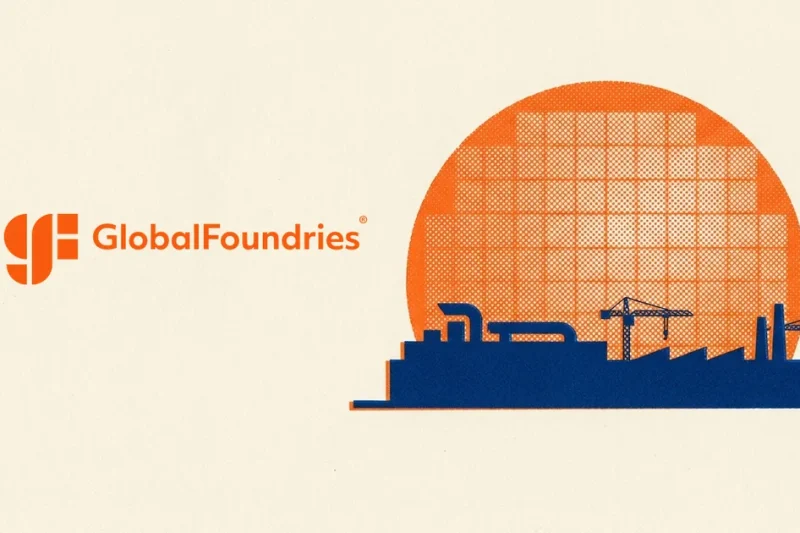 Risograph-style poster of the GlobalFoundries logo beside a factory silhouette in front of an orange silicon wafer