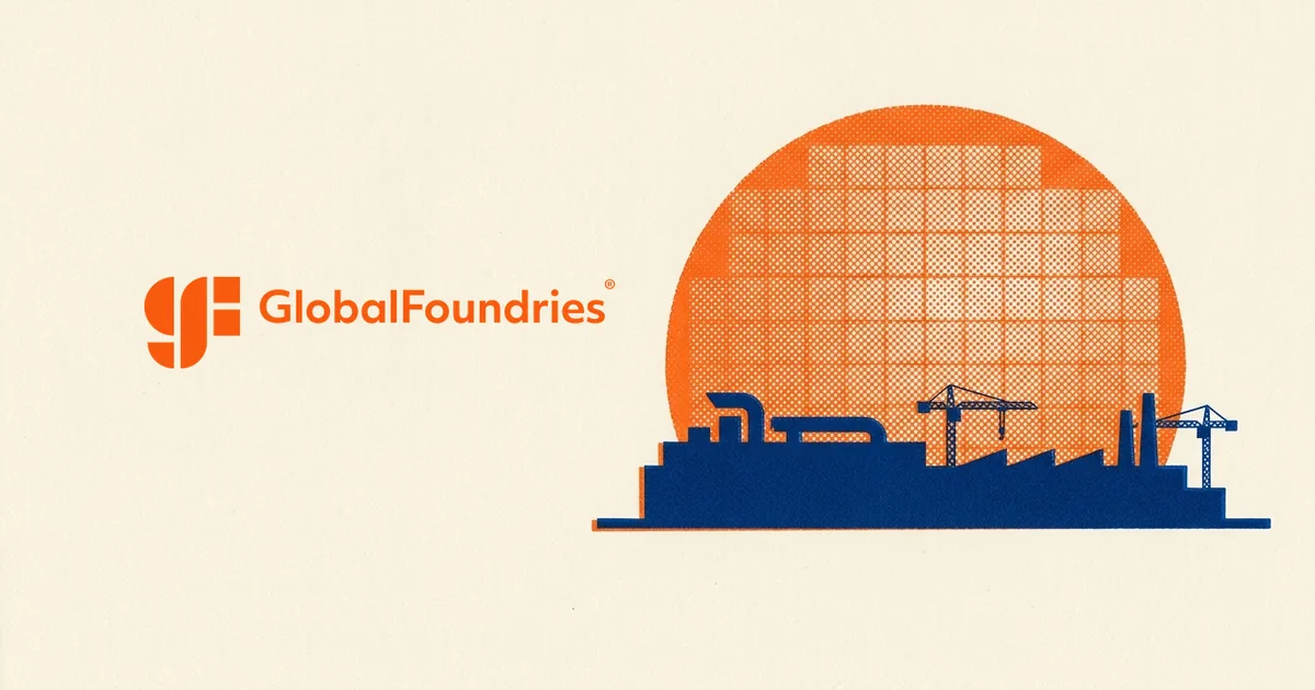 Risograph-style poster of the GlobalFoundries logo beside a factory silhouette in front of an orange silicon wafer