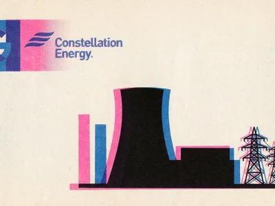 Three-colour risograph poster showing a nuclear cooling tower, turbine hall and transmission towers beside the Google G and Constellation Energy logos