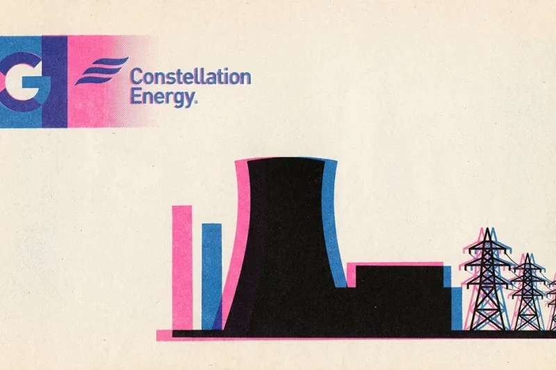 Three-colour risograph poster showing a nuclear cooling tower, turbine hall and transmission towers beside the Google G and Constellation Energy logos