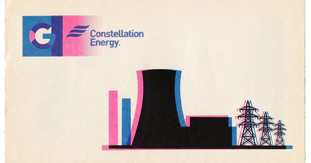 Three-colour risograph poster showing a nuclear cooling tower, turbine hall and transmission towers beside the Google G and Constellation Energy logos