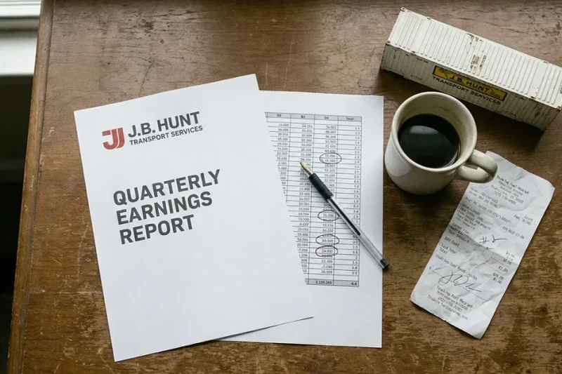 Overhead photo of a J.B. Hunt quarterly earnings report, a spreadsheet with circled figures, coffee, a fuel receipt and a model intermodal container on a wooden desk