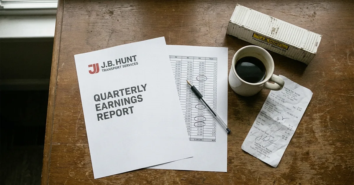 Overhead photo of a J.B. Hunt quarterly earnings report, a spreadsheet with circled figures, coffee, a fuel receipt and a model intermodal container on a wooden desk