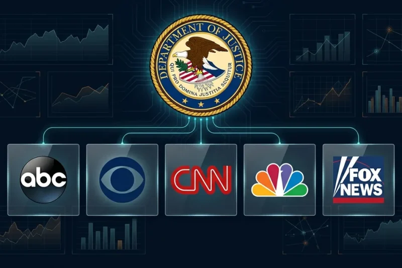 The logos of ABC, CBS, CNN, NBC and Fox News arranged beneath the seal of the US Department of Justice on a dark navy data dashboard