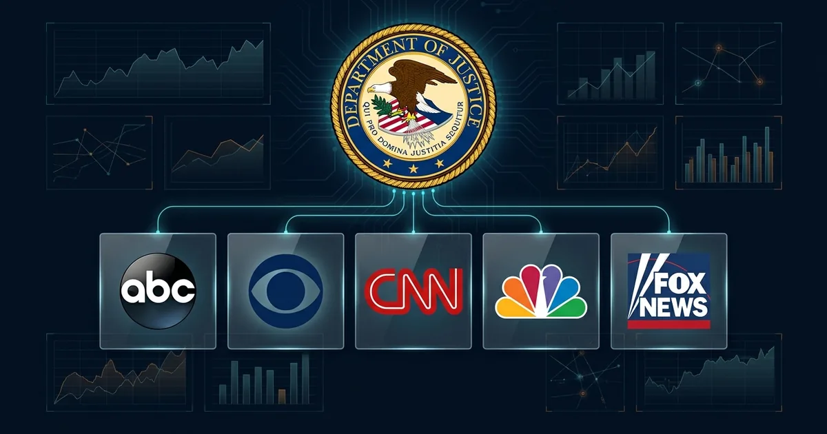 The logos of ABC, CBS, CNN, NBC and Fox News arranged beneath the seal of the US Department of Justice on a dark navy data dashboard