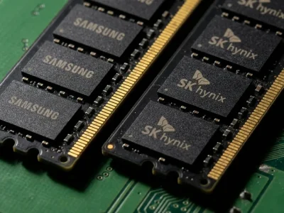 Close-up illustration of two DDR5 server memory modules on a green circuit board, one with Samsung-branded chips and one with SK hynix-branded chips.