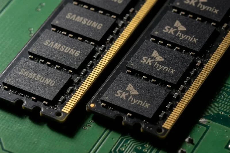 Close-up illustration of two DDR5 server memory modules on a green circuit board, one with Samsung-branded chips and one with SK hynix-branded chips.