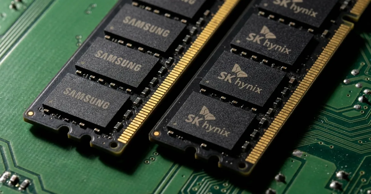Close-up illustration of two DDR5 server memory modules on a green circuit board, one with Samsung-branded chips and one with SK hynix-branded chips.