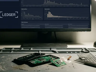 An opened black hardware wallet on an anti-static mat with an extra green circuit board and coiled antenna beside it, in front of a dark analytics dashboard showing the Ledger logo and wallet outflow charts