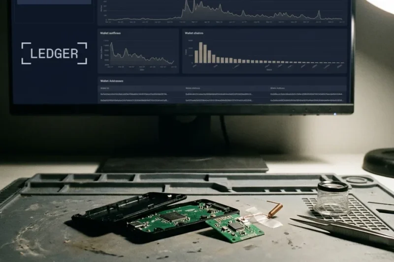 An opened black hardware wallet on an anti-static mat with an extra green circuit board and coiled antenna beside it, in front of a dark analytics dashboard showing the Ledger logo and wallet outflow charts