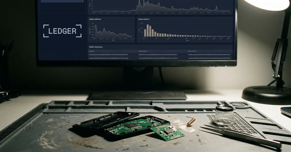 An opened black hardware wallet on an anti-static mat with an extra green circuit board and coiled antenna beside it, in front of a dark analytics dashboard showing the Ledger logo and wallet outflow charts