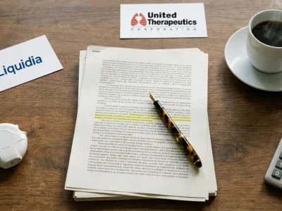 Overhead view of a desk with stapled settlement papers, a fountain pen, a white dry-powder inhaler, coffee, a calculator and two cards printed with the Liquidia and United Therapeutics logos