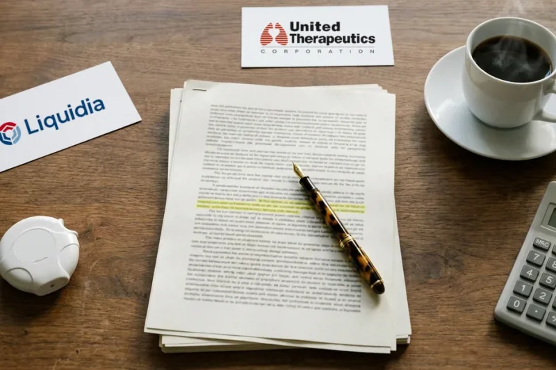 Overhead view of a desk with stapled settlement papers, a fountain pen, a white dry-powder inhaler, coffee, a calculator and two cards printed with the Liquidia and United Therapeutics logos