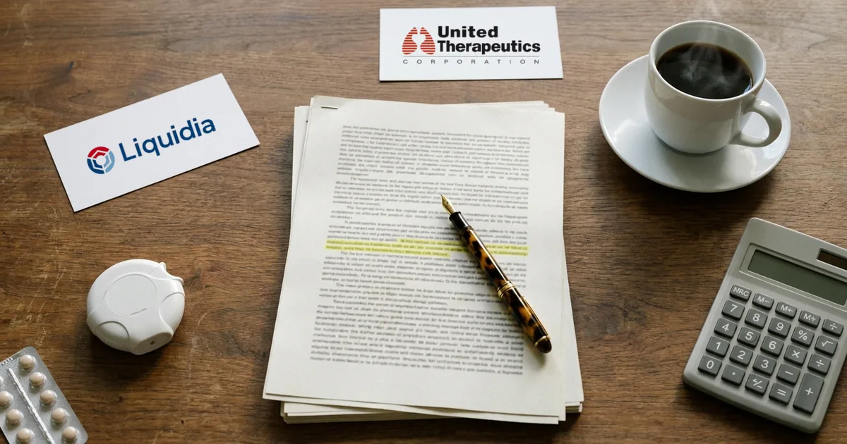 Overhead view of a desk with stapled settlement papers, a fountain pen, a white dry-powder inhaler, coffee, a calculator and two cards printed with the Liquidia and United Therapeutics logos