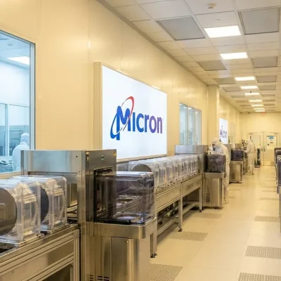Micron Technology logo on a wall inside a semiconductor cleanroom lined with wafer carriers