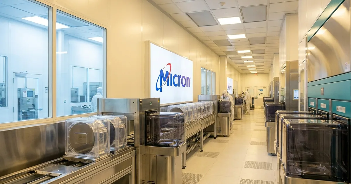 Micron Technology logo on a wall inside a semiconductor cleanroom lined with wafer carriers