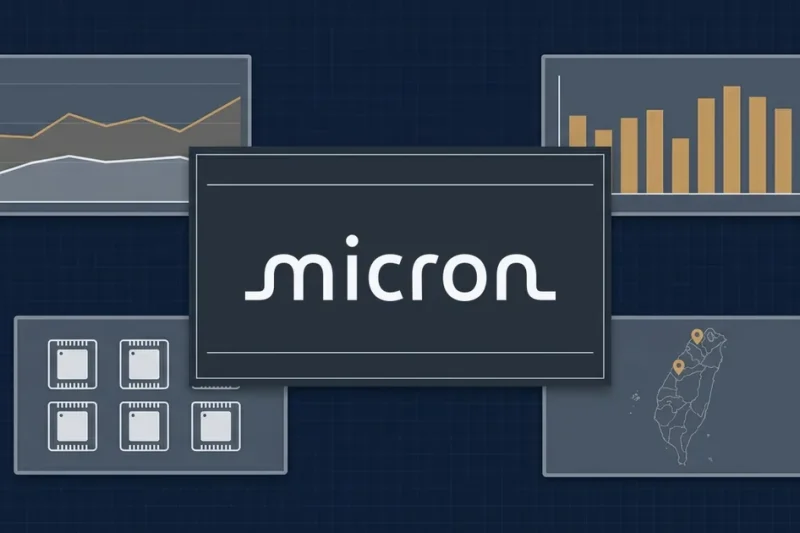 Micron logo on a dark navy dashboard surrounded by panels showing a line chart, a bar chart, memory chip icons and a map of Taiwan with two marked sites