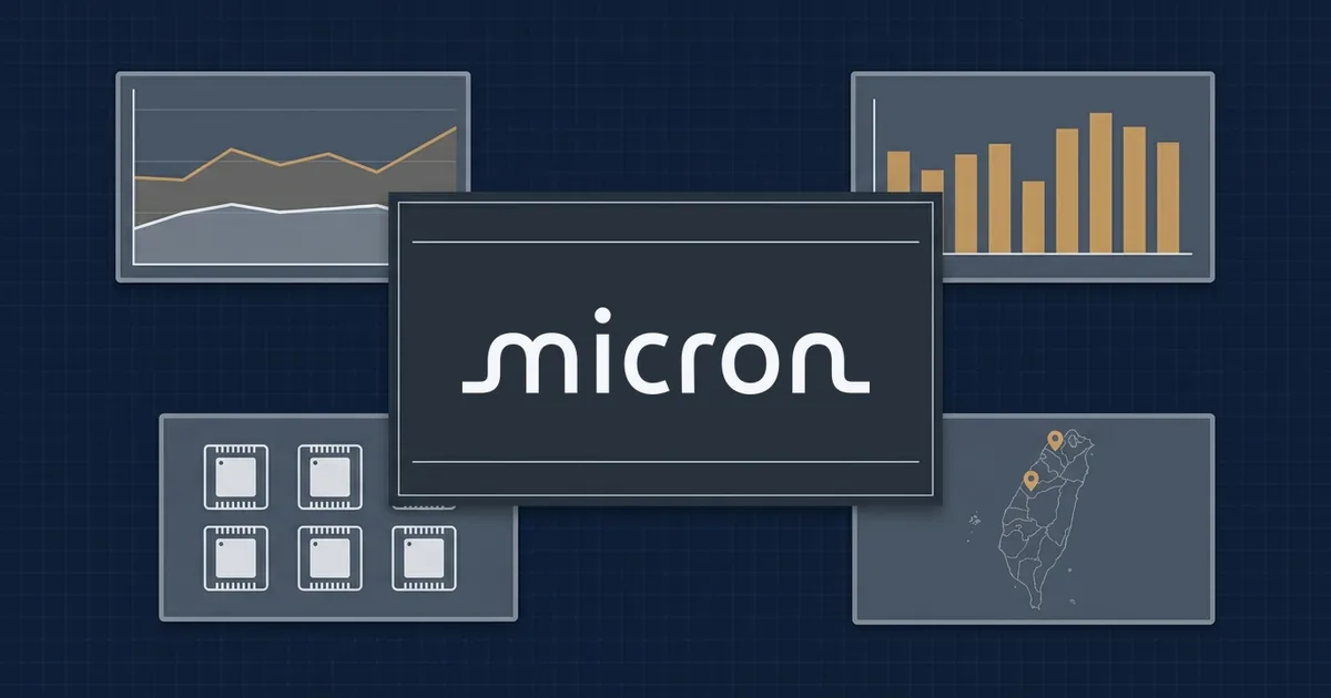 Micron logo on a dark navy dashboard surrounded by panels showing a line chart, a bar chart, memory chip icons and a map of Taiwan with two marked sites