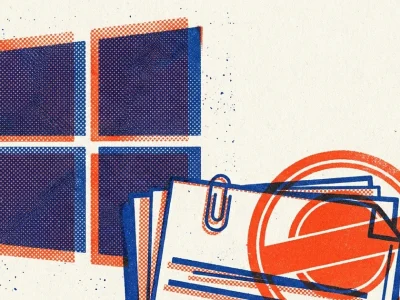 Two-colour risograph illustration of the Microsoft four-square logo beside a paper-clipped stack of blank forms marked with a red prohibition stamp