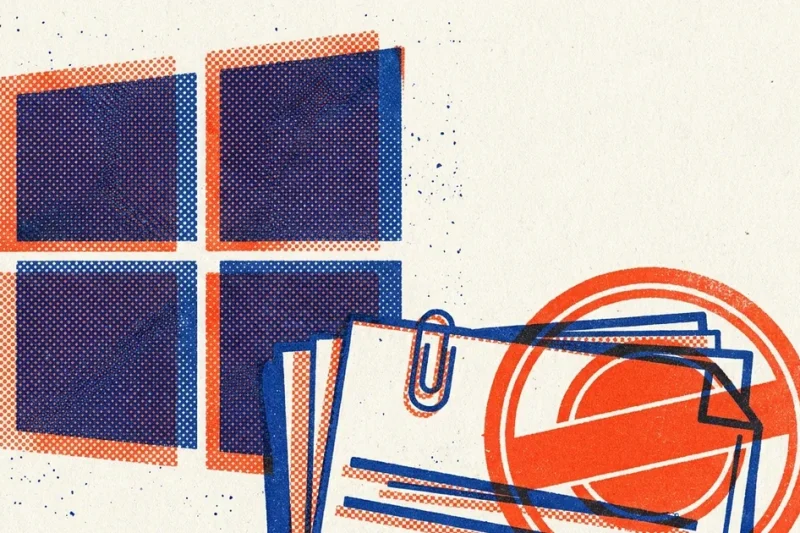 Two-colour risograph illustration of the Microsoft four-square logo beside a paper-clipped stack of blank forms marked with a red prohibition stamp