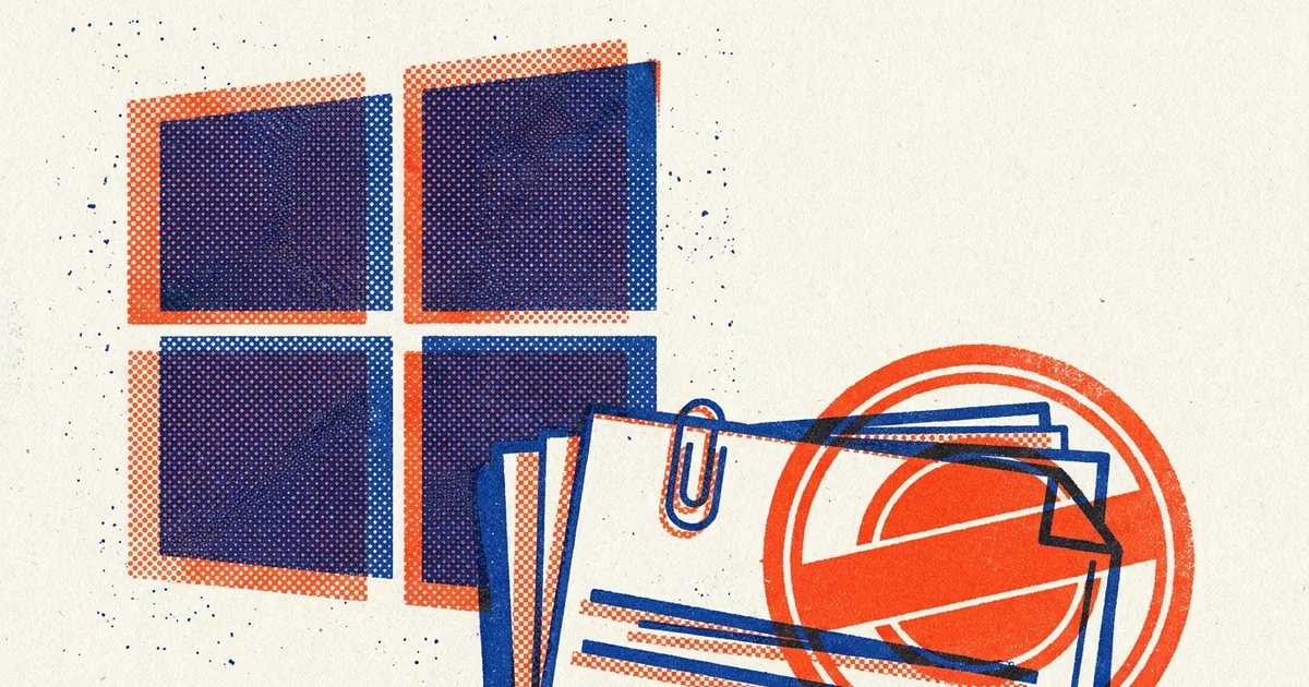 Two-colour risograph illustration of the Microsoft four-square logo beside a paper-clipped stack of blank forms marked with a red prohibition stamp