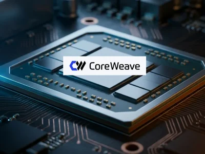 Macro photo of an AI accelerator chip on a server board with the CoreWeave logo over the die
