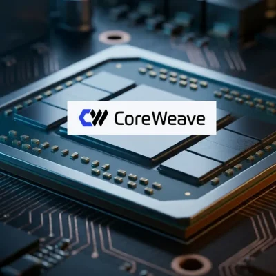 Macro photo of an AI accelerator chip on a server board with the CoreWeave logo over the die