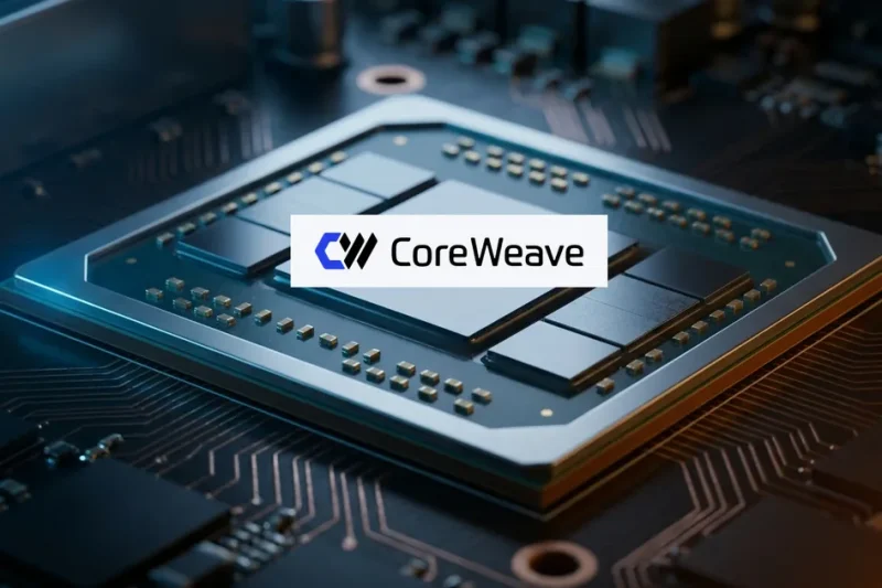 Macro photo of an AI accelerator chip on a server board with the CoreWeave logo over the die