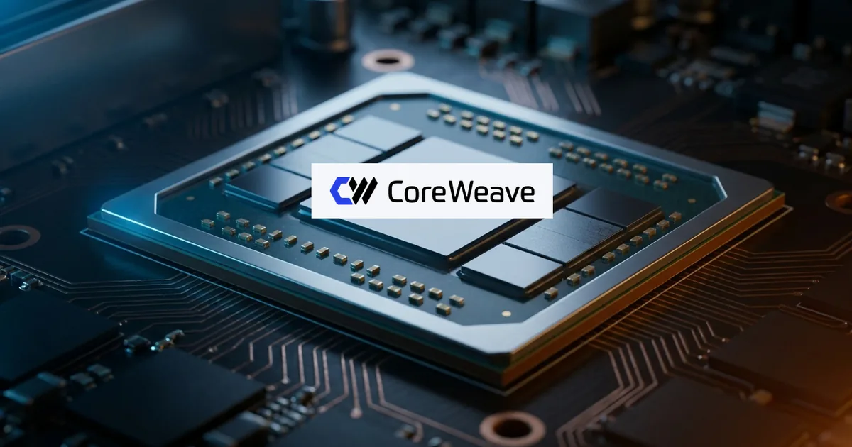 Macro photo of an AI accelerator chip on a server board with the CoreWeave logo over the die