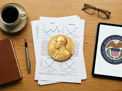 A gold Nobel Prize medal on printed economics charts beside a tablet showing the Federal Reserve Board of Governors seal, with coffee, a pen, glasses and a notebook on a wooden desk