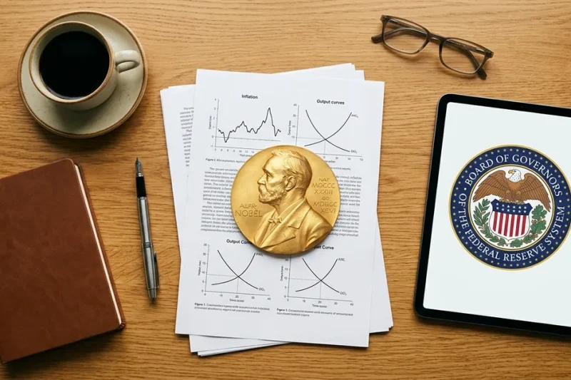 A gold Nobel Prize medal on printed economics charts beside a tablet showing the Federal Reserve Board of Governors seal, with coffee, a pen, glasses and a notebook on a wooden desk