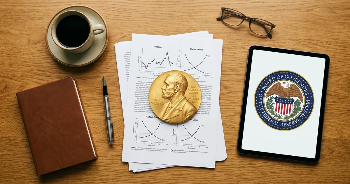 A gold Nobel Prize medal on printed economics charts beside a tablet showing the Federal Reserve Board of Governors seal, with coffee, a pen, glasses and a notebook on a wooden desk