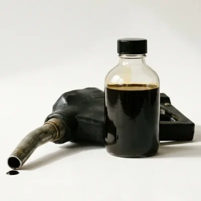 A glass sample bottle of dark crude oil next to a worn gasoline pump nozzle on a white studio backdrop, with a drop of oil on the paper