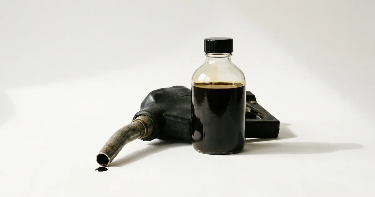 A glass sample bottle of dark crude oil next to a worn gasoline pump nozzle on a white studio backdrop, with a drop of oil on the paper
