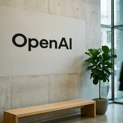 An OpenAI sign on a concrete lobby wall with an oak bench, a fig tree and a blurred passer-by near the windows