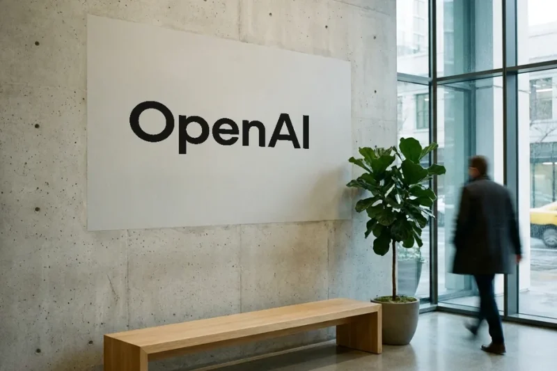An OpenAI sign on a concrete lobby wall with an oak bench, a fig tree and a blurred passer-by near the windows