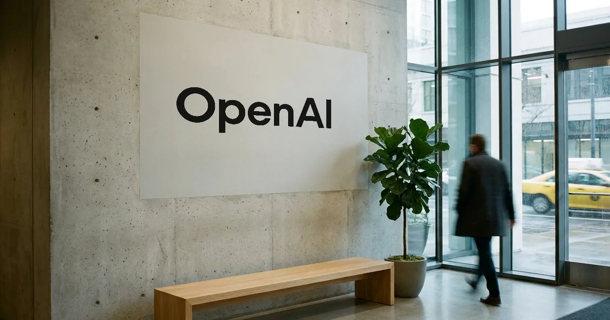 An OpenAI sign on a concrete lobby wall with an oak bench, a fig tree and a blurred passer-by near the windows