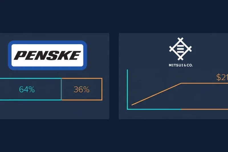 Dashboard composite with the Penske and Mitsui & Co. logos, a 64% to 36% ownership bar and a price line leveling off at $212