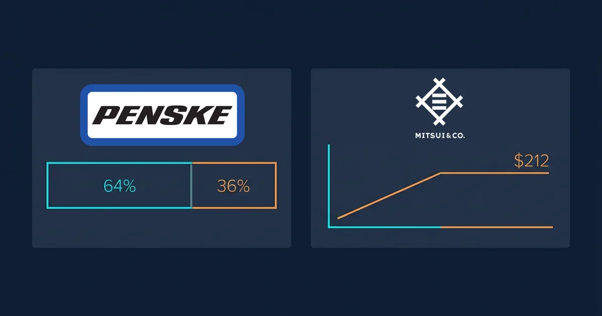 Dashboard composite with the Penske and Mitsui & Co. logos, a 64% to 36% ownership bar and a price line leveling off at $212